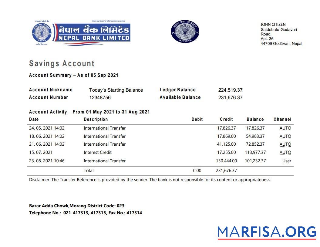 Blank Nepal Bank Nepal bank statement word sample